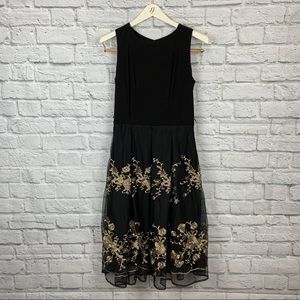 R&K black dress with gold floral embroidery